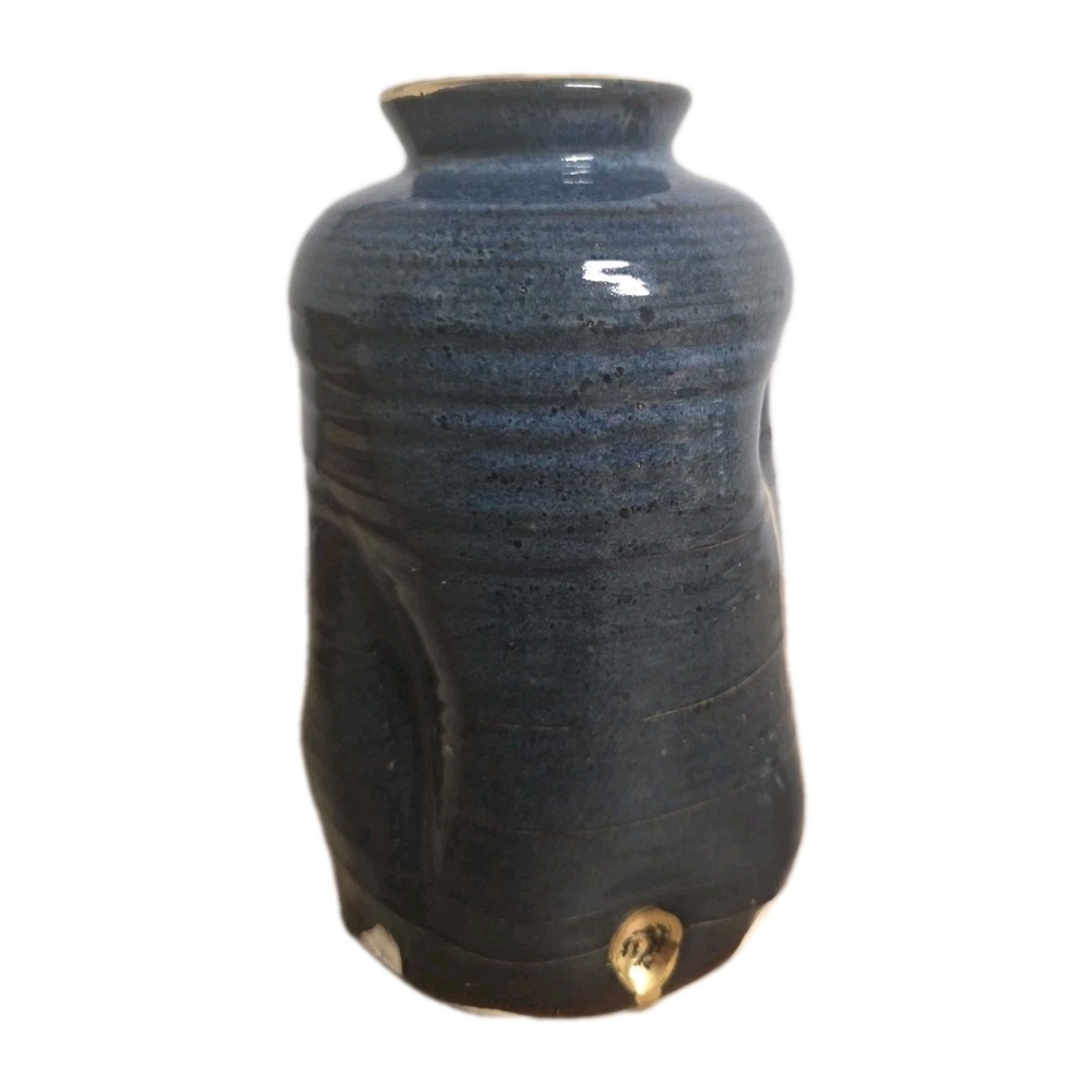 Studio Art Pottery Blue Vase Gold Drip Signed Handmade 8" Decor